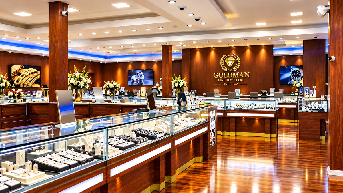 Goldman Fine Jewelers showroom with illuminated jewelry cases and the gold Goldman wall sign