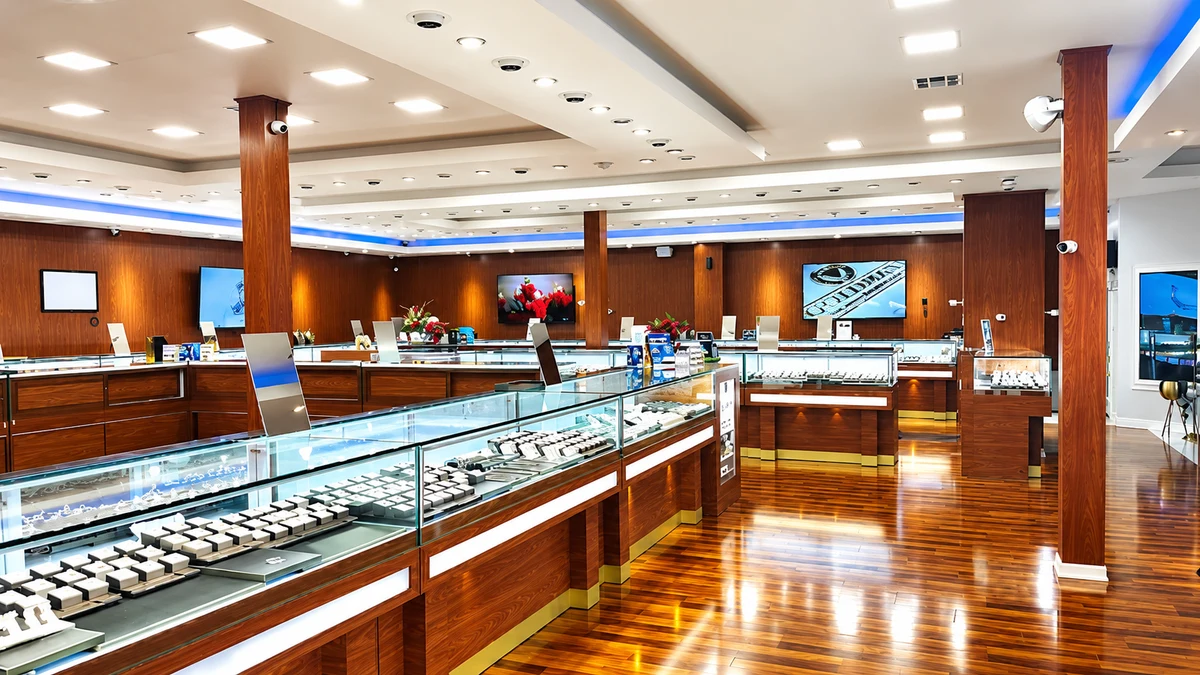 Another view of the Goldman showroom with wood interiors and glass jewelry displays